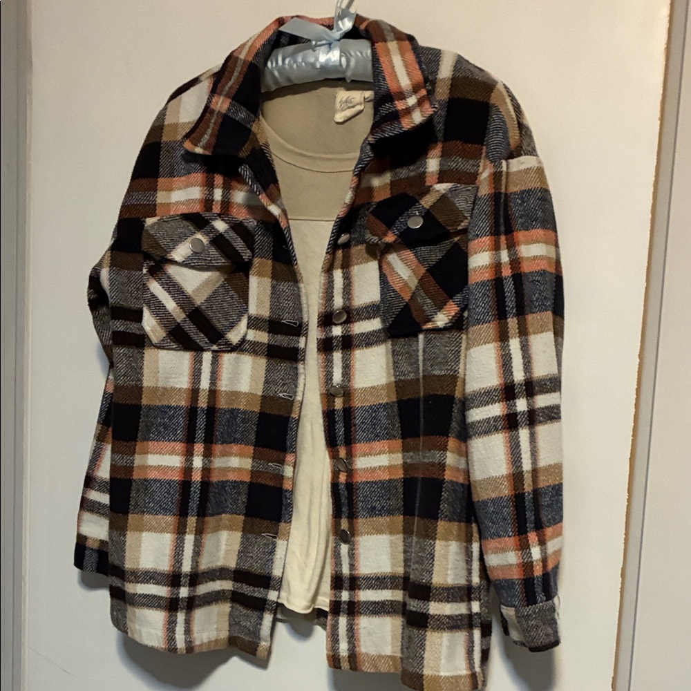 Plaid jacket shirt with white crow tshirt  , women’s small , medium
